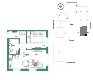 2-к квартира, строящийся дом, 39м2, 13/24 этаж