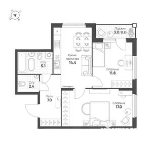 2-к квартира, строящийся дом, 59м2, 14/25 этаж