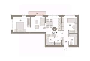 2-к квартира, вторичка, 61м2, 2/7 этаж