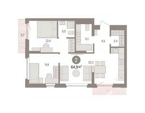 2-к квартира, вторичка, 65м2, 2/16 этаж