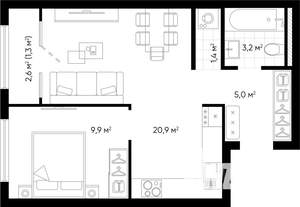1-к квартира, строящийся дом, 42м2, 4/24 этаж