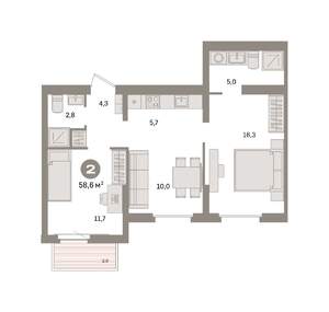 2-к квартира, вторичка, 59м2, 2/9 этаж