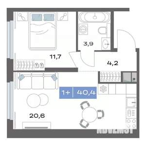 1-к квартира, строящийся дом, 40м2, 2/20 этаж