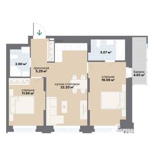 2-к квартира, вторичка, 69м2, 6/25 этаж