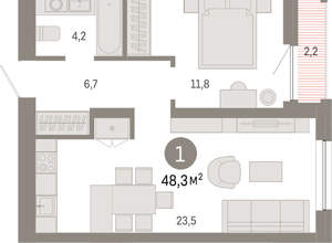 1-к квартира, вторичка, 48м2, 5/16 этаж