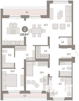 3-к квартира, вторичка, 117м2, 8/9 этаж