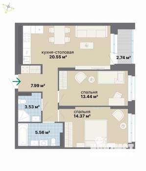 2-к квартира, вторичка, 68м2, 5/26 этаж