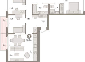 3-к квартира, вторичка, 94м2, 3/16 этаж