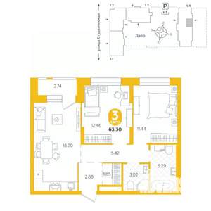3-к квартира, строящийся дом, 63м2, 25/25 этаж