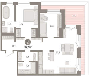 2-к квартира, вторичка, 98м2, 8/8 этаж