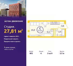 Студия квартира, вторичка, 28м2, 3/9 этаж