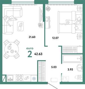 2-к квартира, строящийся дом, 43м2, 14/24 этаж
