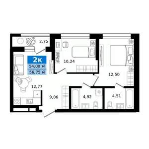 2-к квартира, строящийся дом, 57м2, 3/25 этаж