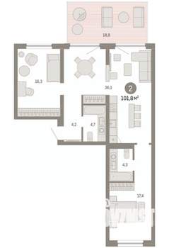2-к квартира, вторичка, 102м2, 2/8 этаж