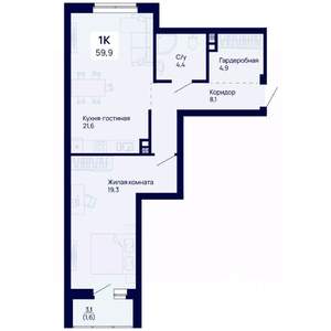 1-к квартира, вторичка, 60м2, 2/18 этаж