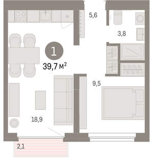 1-к квартира, вторичка, 40м2, 5/9 этаж