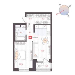 1-к квартира, строящийся дом, 45м2, 12/25 этаж