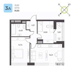 2-к квартира, строящийся дом, 52м2, 3/23 этаж