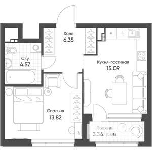 1-к квартира, вторичка, 42м2, 7/16 этаж