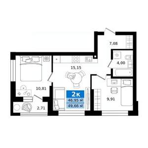 2-к квартира, строящийся дом, 50м2, 2/27 этаж