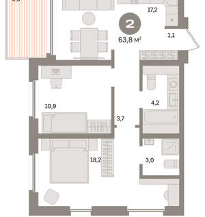 2-к квартира, вторичка, 64м2, 13/24 этаж