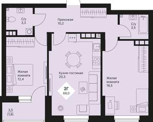 2-к квартира, вторичка, 68м2, 6/25 этаж