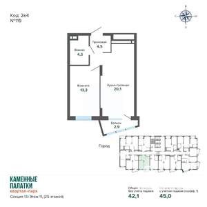 1-к квартира, вторичка, 45м2, 11/25 этаж