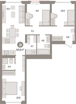 3-к квартира, вторичка, 84м2, 3/9 этаж