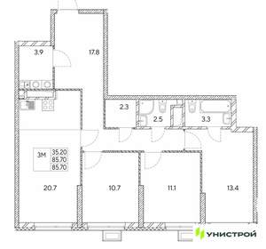 3-к квартира, вторичка, 86м2, 24/30 этаж