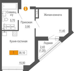 1-к квартира, строящийся дом, 38м2, 23/25 этаж