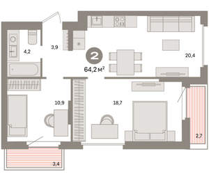 2-к квартира, вторичка, 64м2, 6/9 этаж