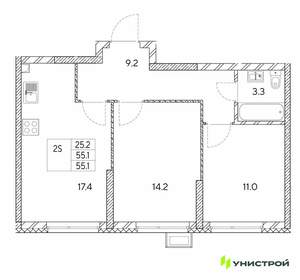 2-к квартира, вторичка, 55м2, 3/30 этаж