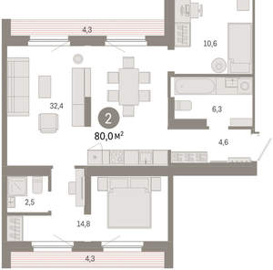 2-к квартира, вторичка, 80м2, 9/9 этаж