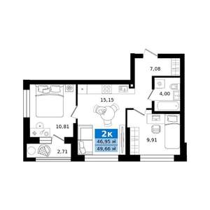 2-к квартира, строящийся дом, 50м2, 23/27 этаж