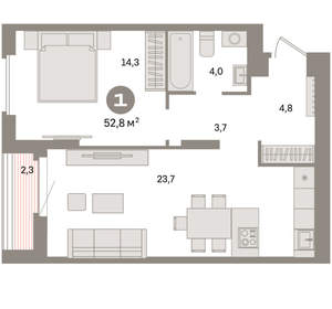 1-к квартира, вторичка, 53м2, 9/16 этаж