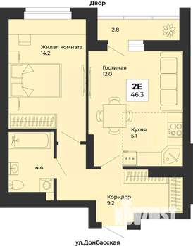 2-к квартира, строящийся дом, 46м2, 17/25 этаж