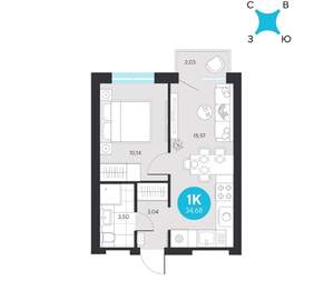 1-к квартира, строящийся дом, 35м2, 12/23 этаж