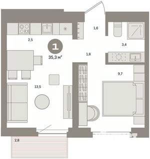 1-к квартира, вторичка, 35м2, 3/9 этаж