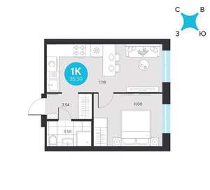 1-к квартира, строящийся дом, 35м2, 2/23 этаж