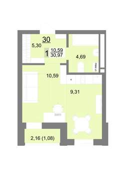 Студия квартира, строящийся дом, 31м2, 4/22 этаж