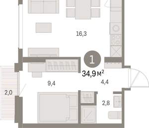 1-к квартира, вторичка, 35м2, 6/9 этаж