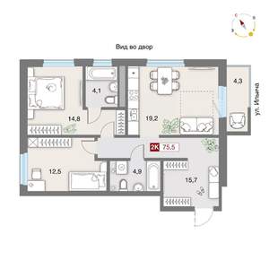 2-к квартира, вторичка, 76м2, 4/8 этаж