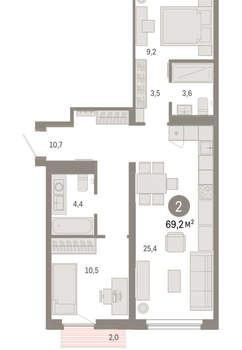 2-к квартира, вторичка, 69м2, 8/9 этаж