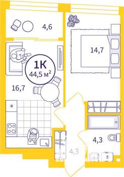 1-к квартира, строящийся дом, 42м2, 17/32 этаж