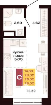 Студия квартира, строящийся дом, 28м2, 19/30 этаж