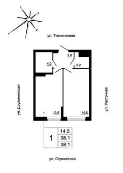 1-к квартира, строящийся дом, 38м2, 9/19 этаж