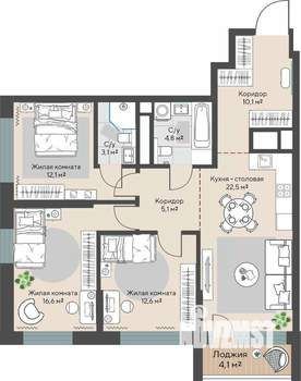 3-к квартира, строящийся дом, 89м2, 13/30 этаж