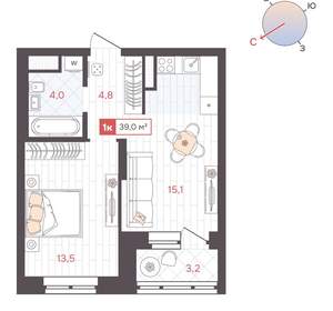 1-к квартира, вторичка, 39м2, 20/25 этаж