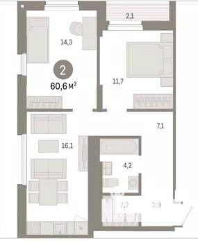 2-к квартира, вторичка, 61м2, 12/17 этаж