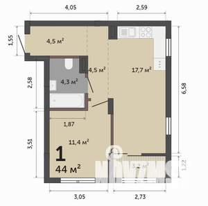 1-к квартира, строящийся дом, 44м2, 4/9 этаж